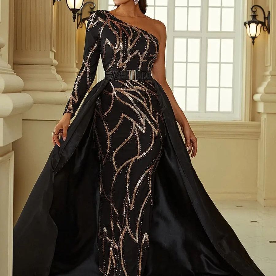 Women's Red Sequined Mid-Waist A-Line Banquet Dress