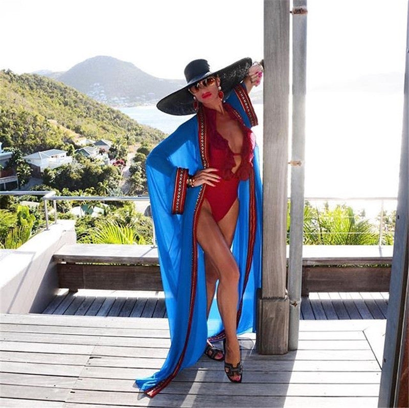 Women's Chiffon Embroidered Loose Beach Cover-up Swimsuit Sun Protection Cardigan