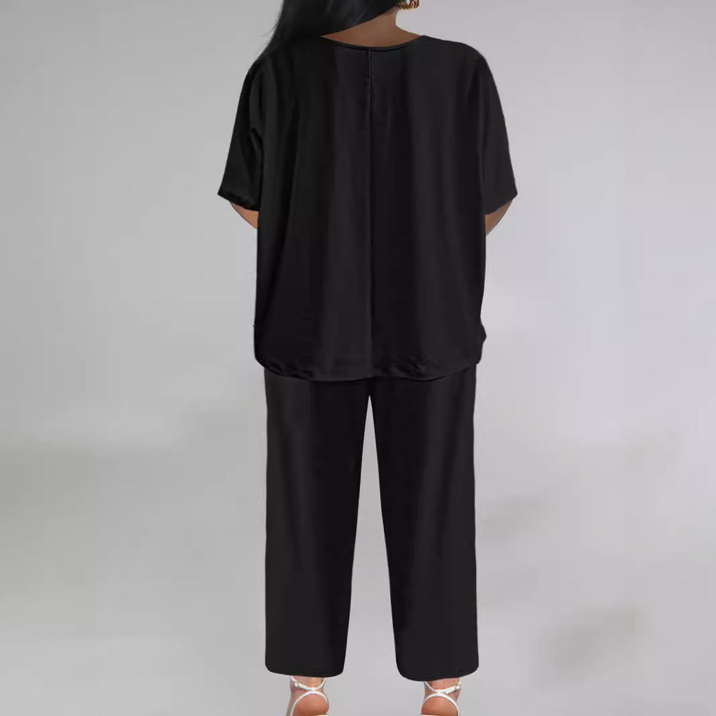 V-Neck Batwing Sleeve Loose Wide Leg Pants Suit for Women