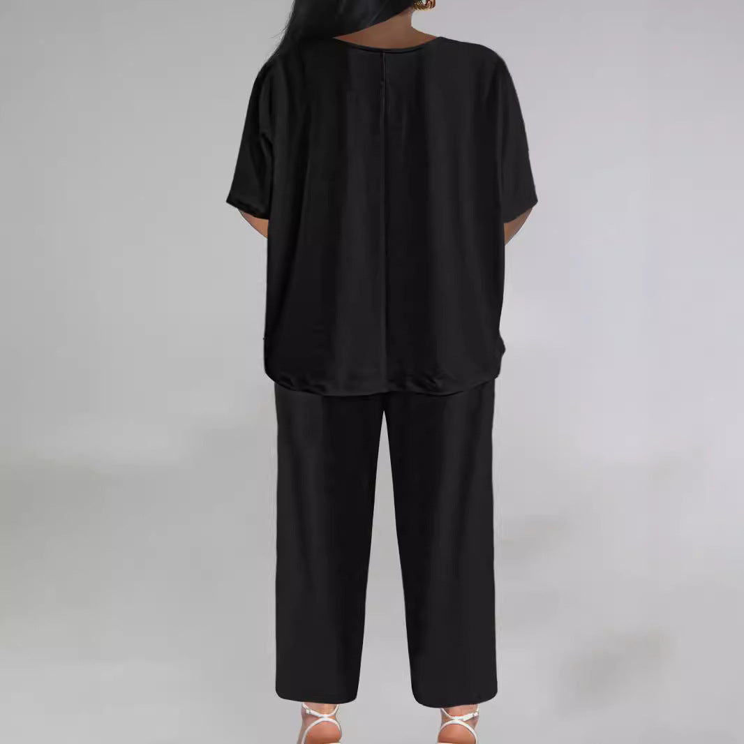 Ensemble pantalon ample à jambes larges et col en V et manches chauve-souris pour femme