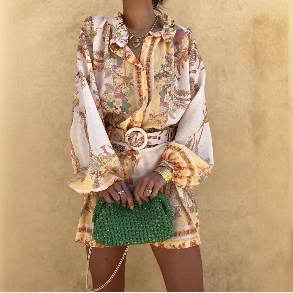 Ensemble short imprimé à col montant et manches bouffantes pour femme
