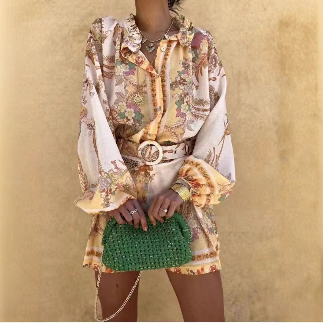 Ensemble short imprimé à col montant et manches bouffantes pour femme