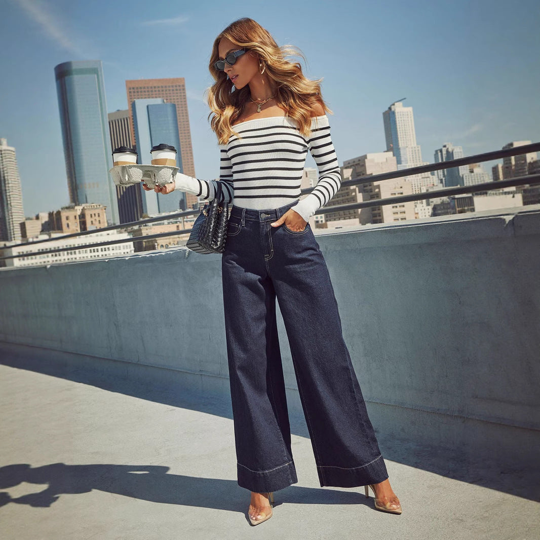 High Waist Dark Blue Wide Leg Jeans for Women