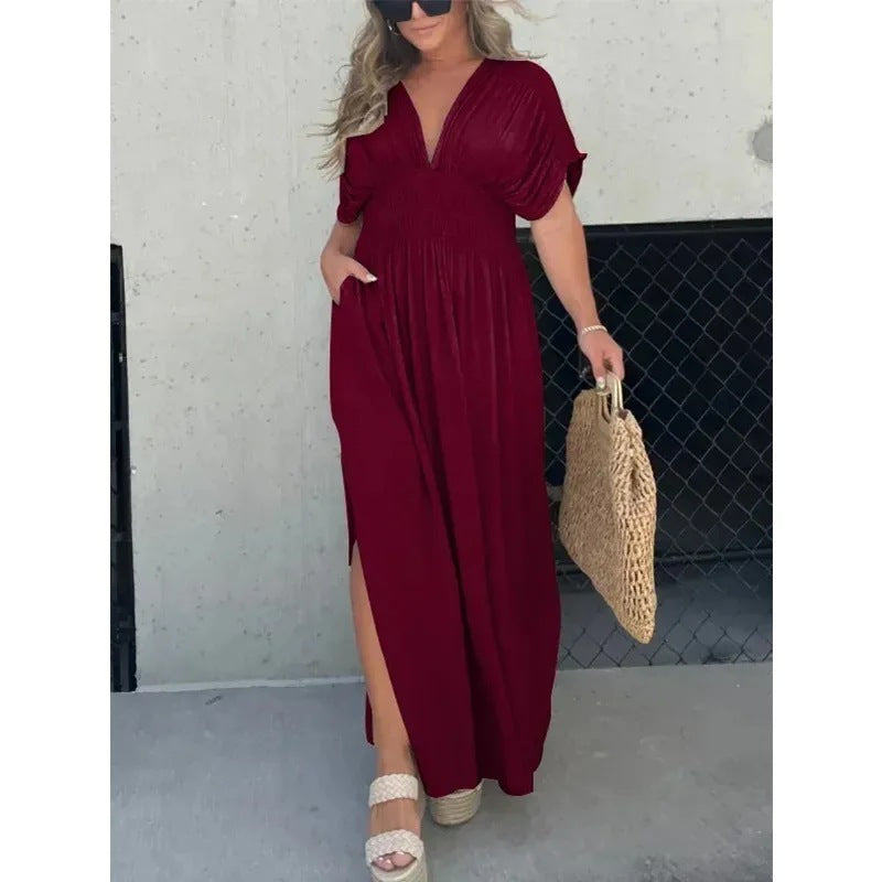Fashion Bat-Sleeve V-Neck Slit Dress Summer Short Sleeve Elastic Waist Women’s Long Dress