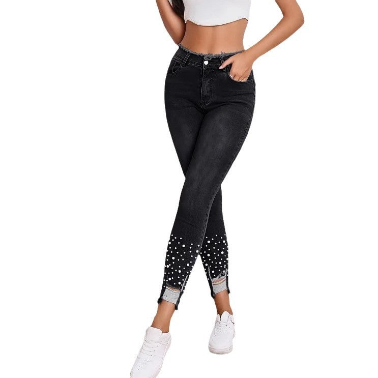 Women's High Waist Stretch Denim Skinny Jeans with Pearl Rips and Tassels