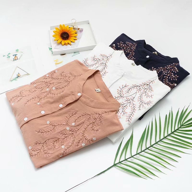 Women's Loose Long-Sleeve Cotton Embroidered Stand-Collar Shirt