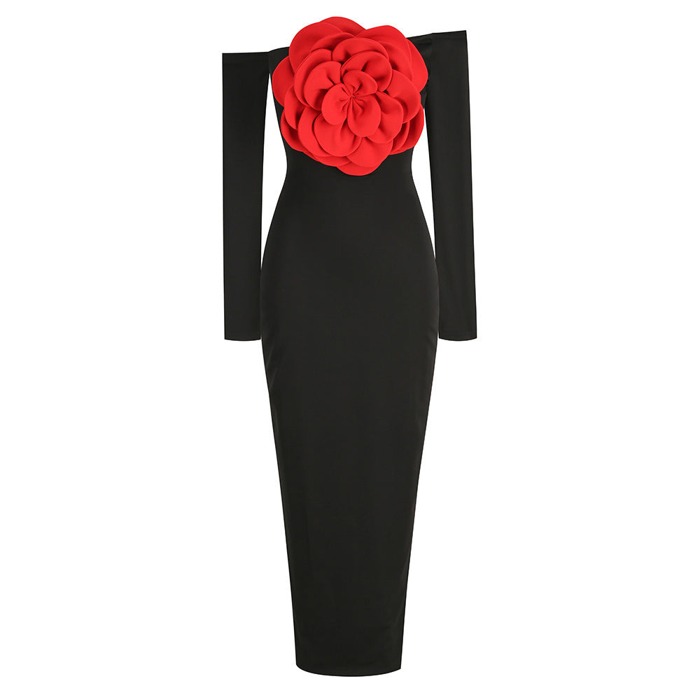 European & American Style Black Tube Top Slim Fit Backless Flower Split Dress