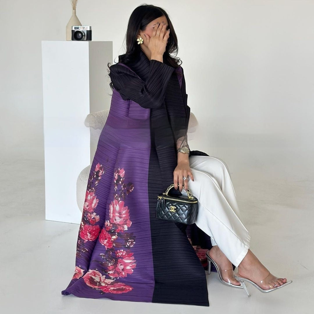 Pleated Trench Djellaba Printed Shawl Cardigan Ethnic Cloak Coat for Middle East Women