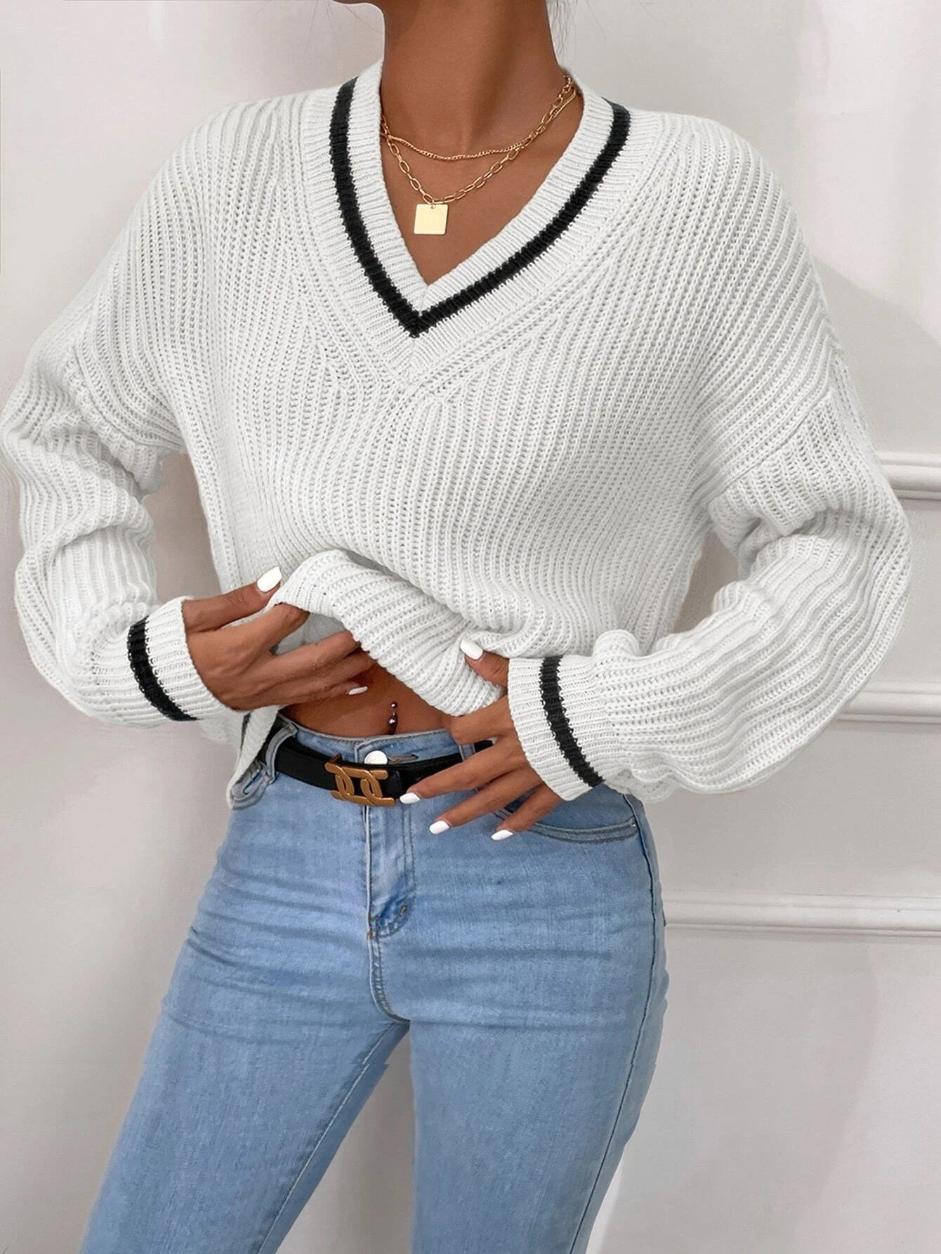 Winter Women's Cable Knit V Neck Striped Pullover Sweater Loose Casual Long Sleeve Jumper