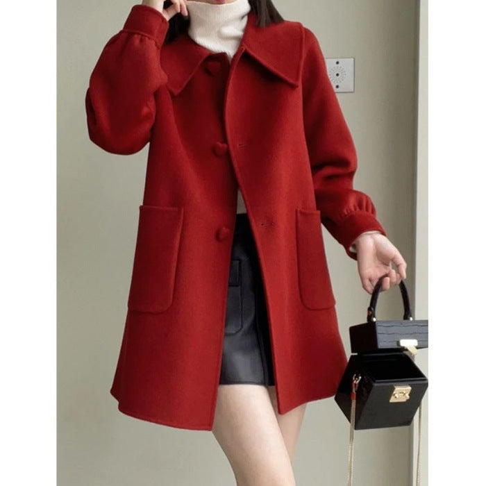 Slim Fit Medium Woolen Coat with Heart Buckle & Peter Pan Collar for Women