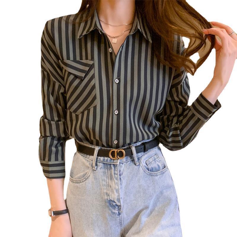 Striped Polyester Cardigan Shirt for Women – Spring & Autumn Slim Fit