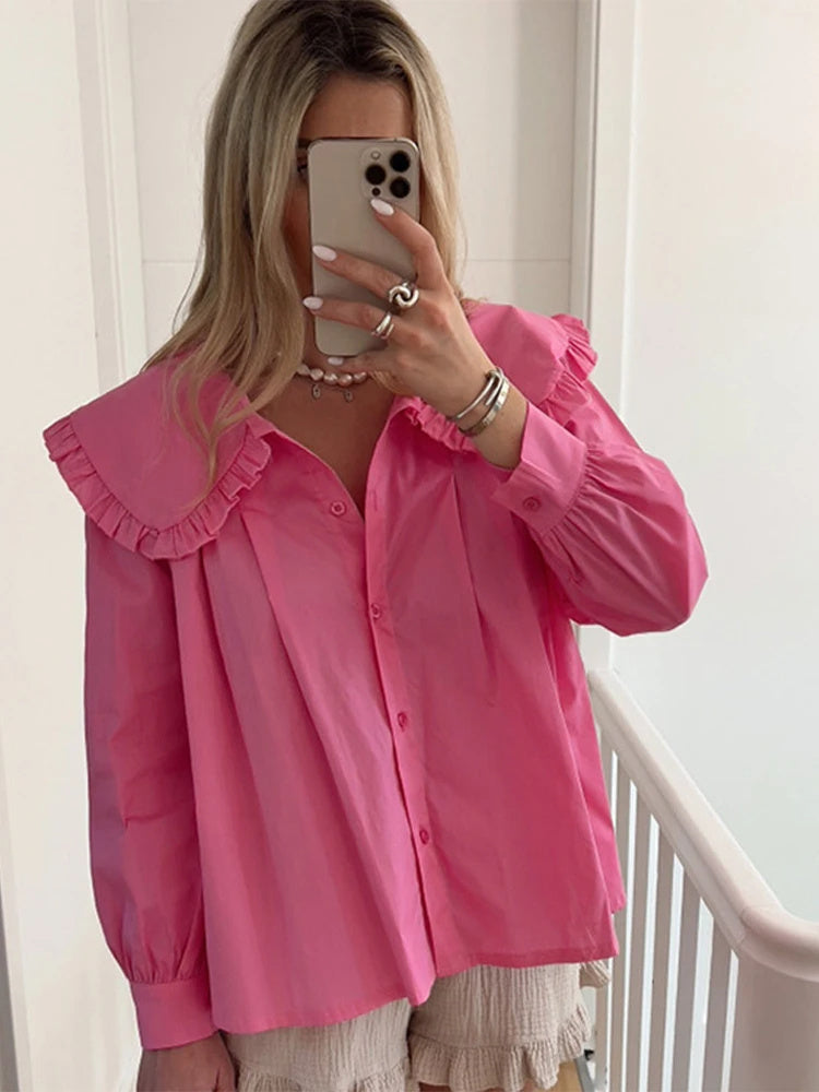 Women's Doll Collar Long-Sleeve Casual Shirt Polyester S-XL