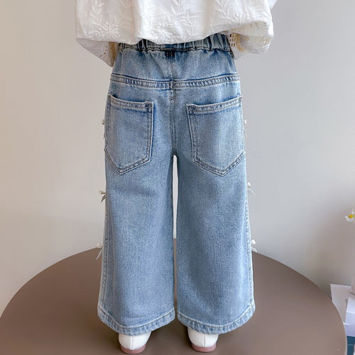 Pantalon large en jean bleu clair avec nœud pour fille