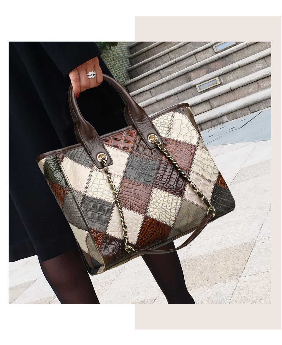 Sac à main pour femme en cuir véritable de luxe léger à carreaux de haute qualité avec contraste de couleurs
