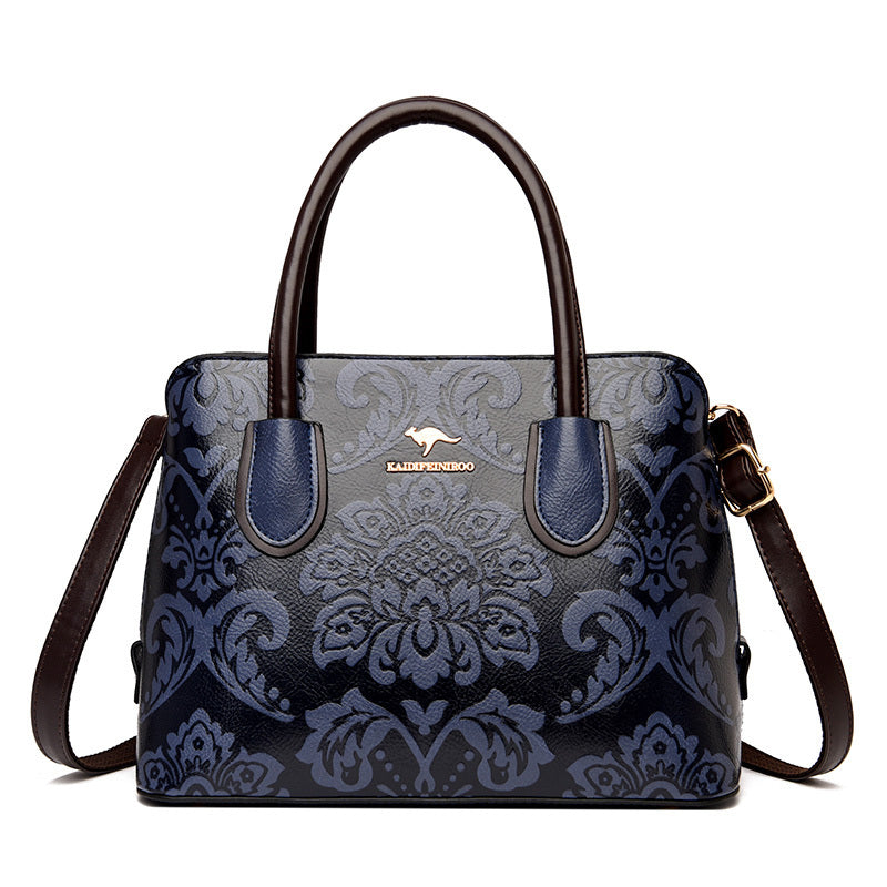 Ethnic Wind Flower Cowhide Shoulder Bag with Zipper Closure