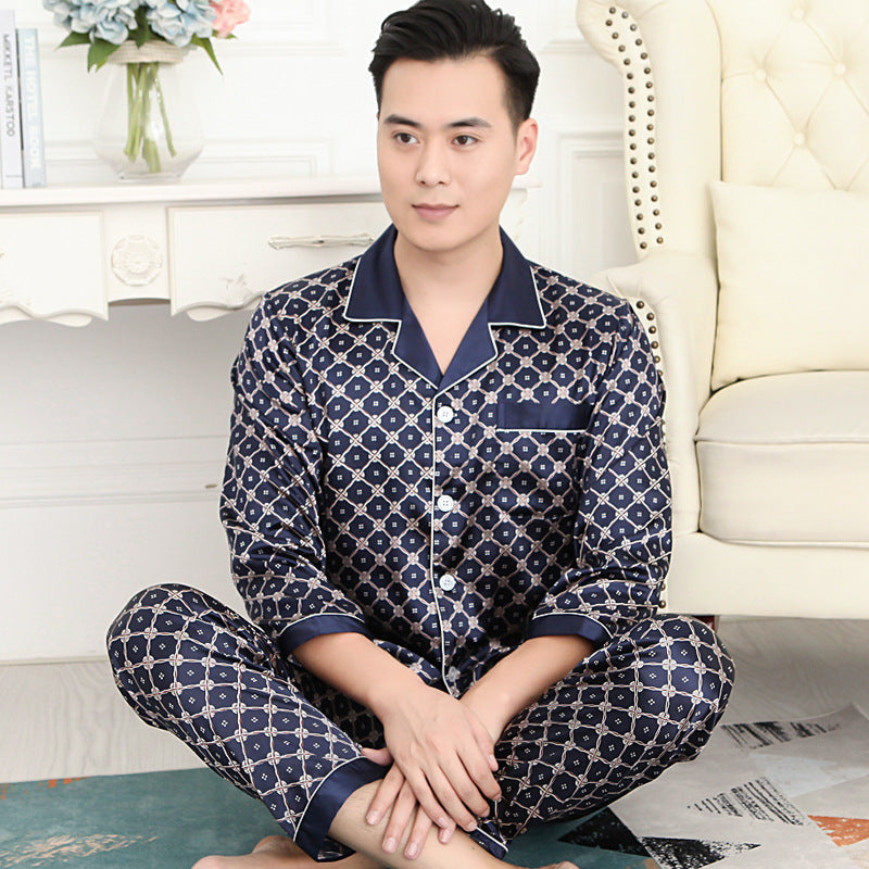 Men's Plus Size Long Sleeve Imitation Silk Pajamas Set