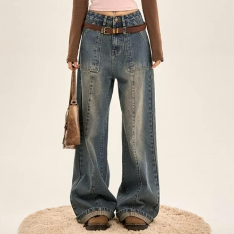 Vintage Thin Gradient High Waist Wide-Leg Straight Denim Jeans for Women