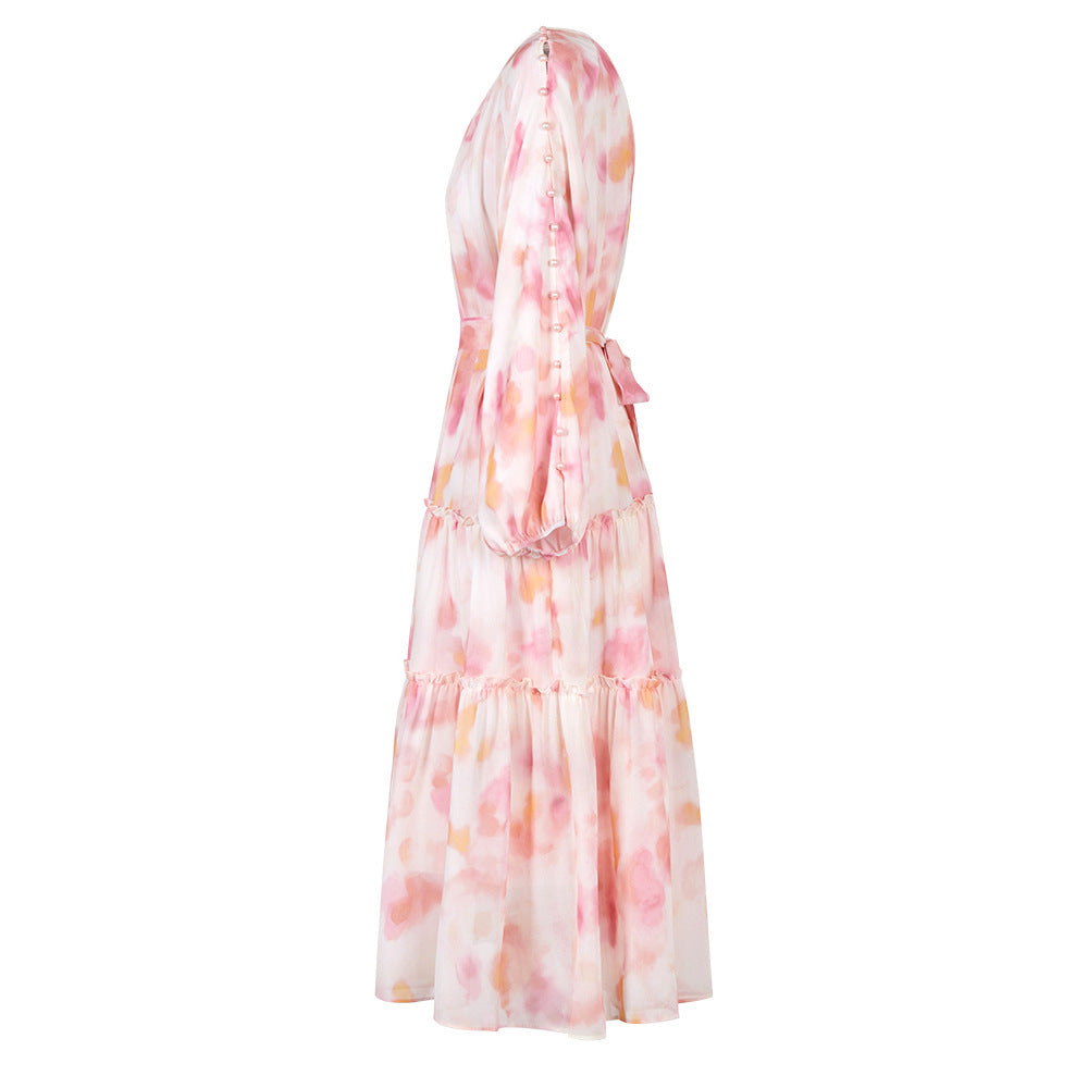 Robe de vacances rose à imprimé abstrait avec jupe ample pour femme