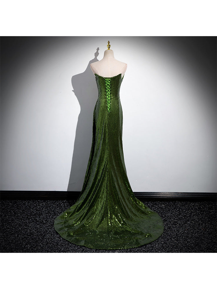 French Evening Women's Dark Green High Waist Slim Bridal Dress