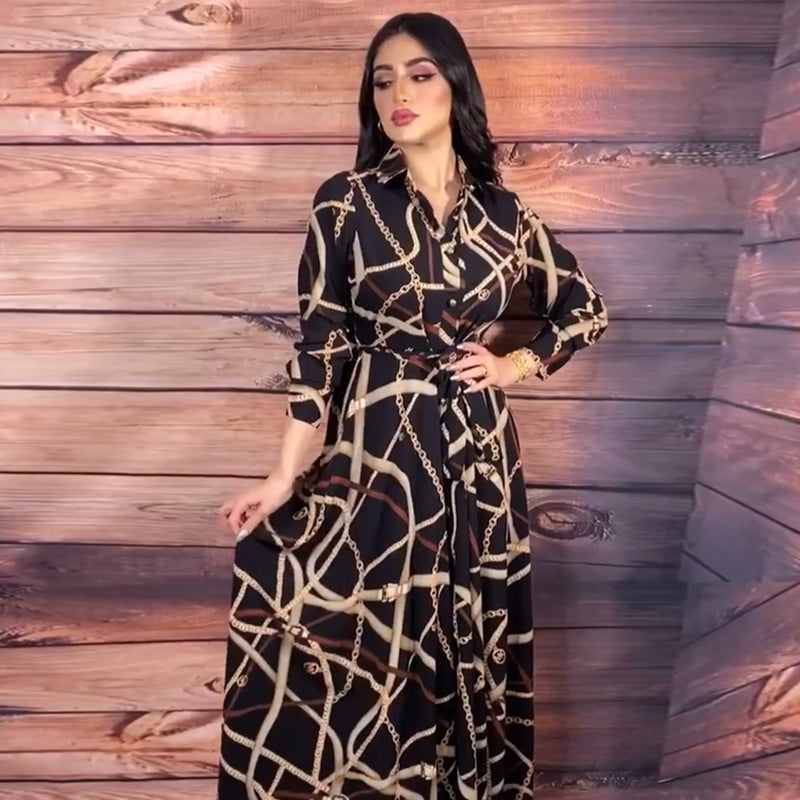 فستان نسائي مطبوع بفتحة رقبة على شكل حرف V مع حزام