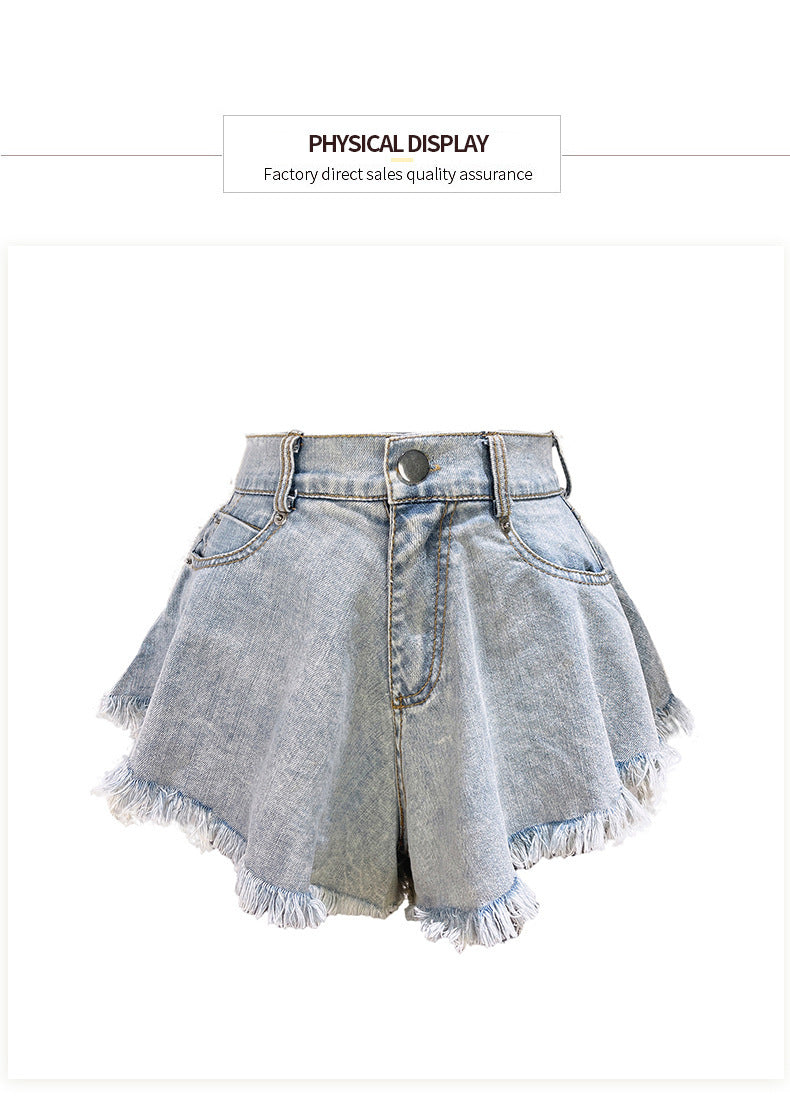High Waist Loose-fitting Tassel Denim Shorts For Women
