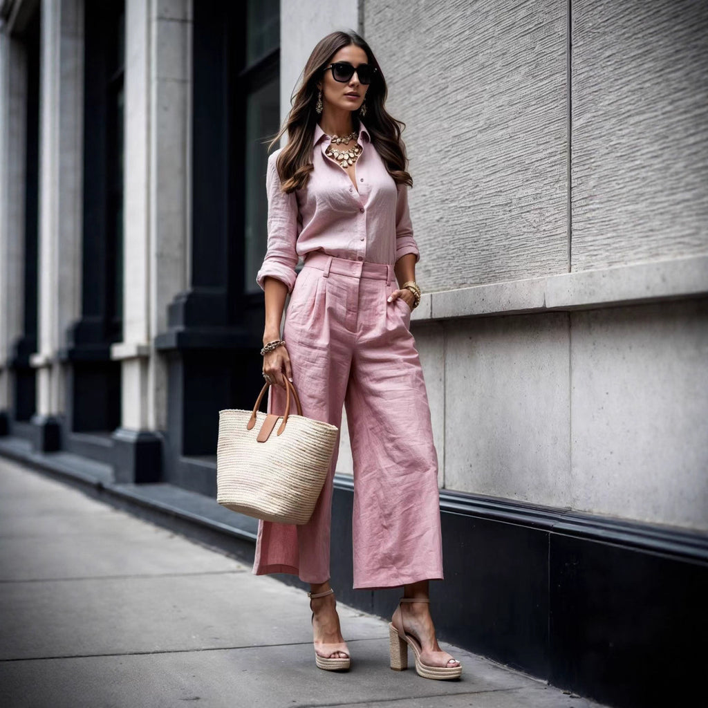Women's Minimalist Long Sleeve Top & Wide Leg Pants Suit