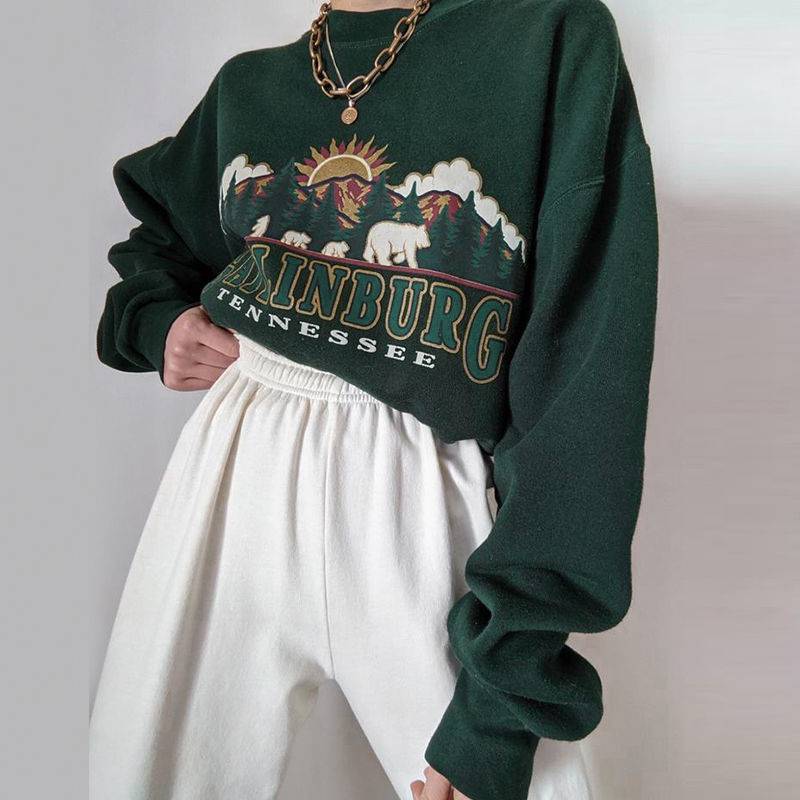 American Retro Dark Green Cotton Round Neck Sweater for Women