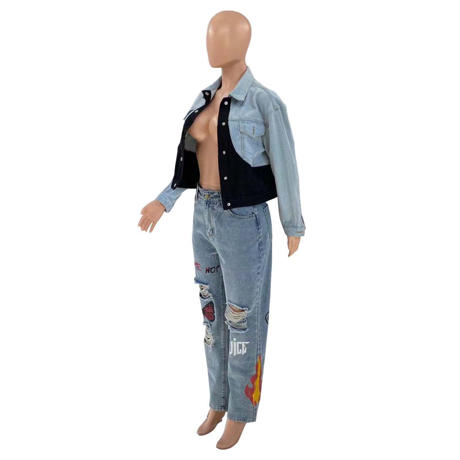 Jean fashion femme taille haute imprimé numérique déchiré bleu