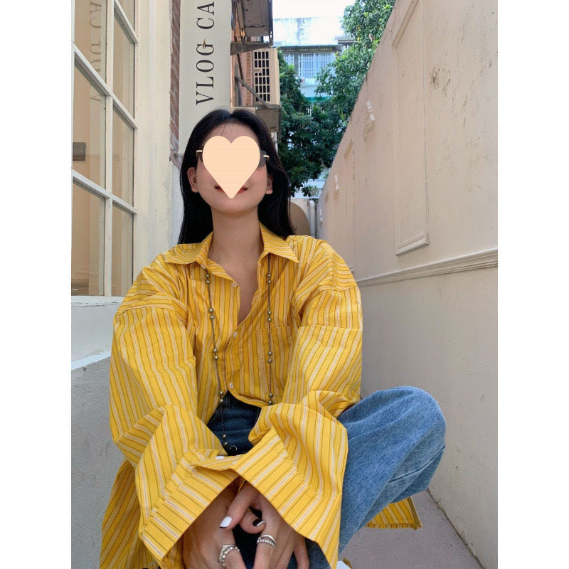 Yellow French Style Design Mid-length Striped Shirt
