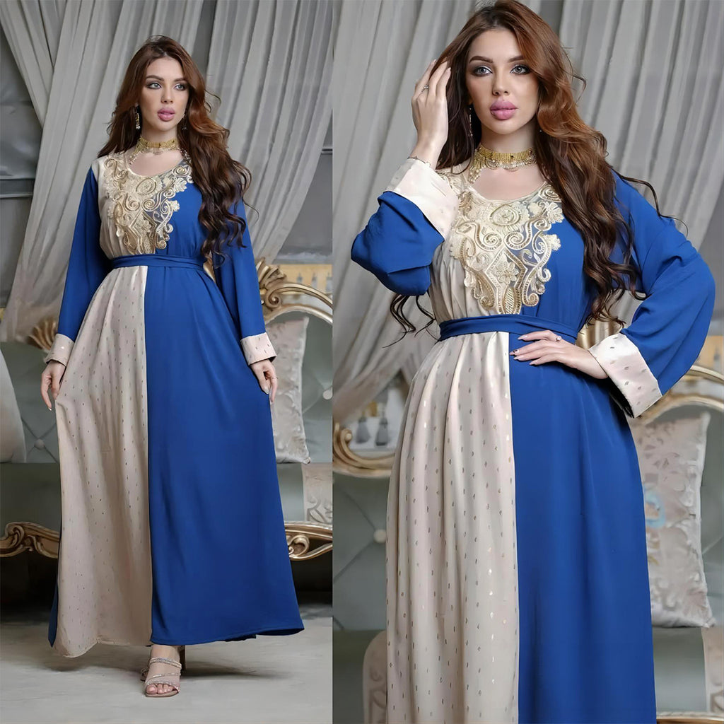 فستان تونيك مسلم مطرز بتطريزات مع حزام باللونين الأخضر والأزرق، متوفر بمقاسات M-XXL