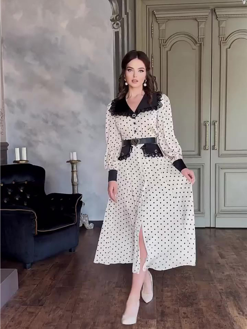 Polka Dot Lace Doll Collar Long Dress with Lantern Sleeves