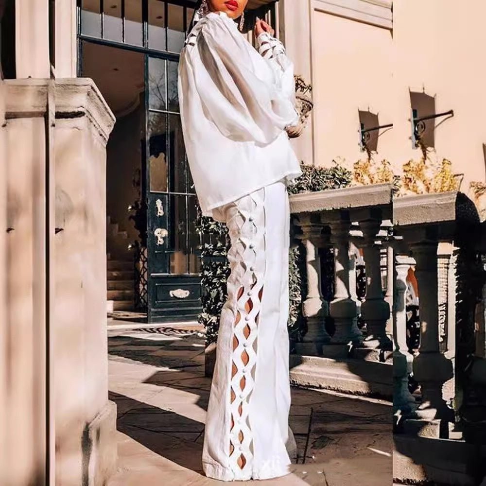 White Lace Long Sleeve Shirt and Pants Set