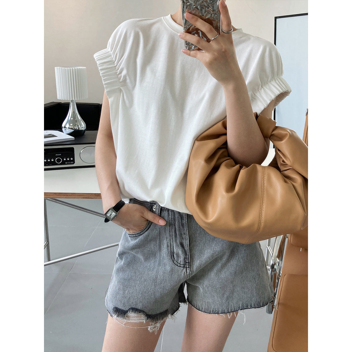 T-shirt plissé ample en coton à manches courtes pour femme
