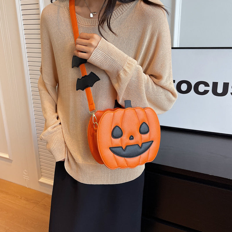 Funny Pumpkin Cartoon PU Shoulder Crossbody Bag with Bat Design for Women