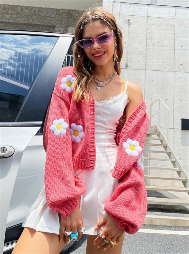 Flowers Print Knitted Cardigan Sweater