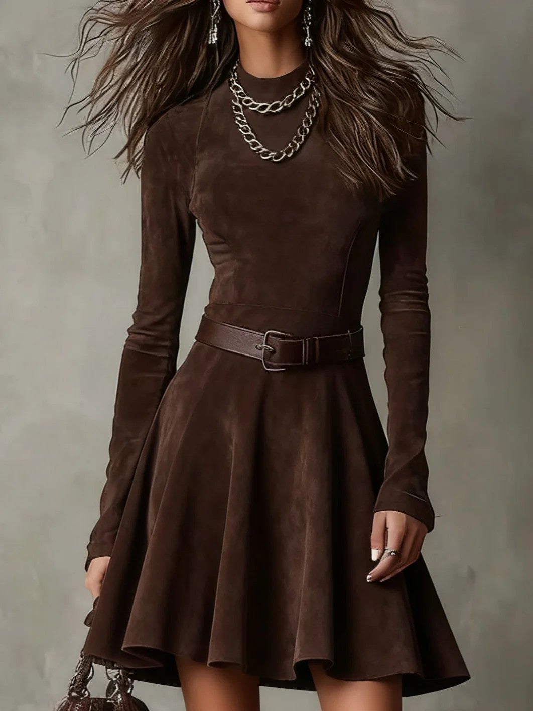 Robe courte élégante vintage unie à col semi-montant et manches longues