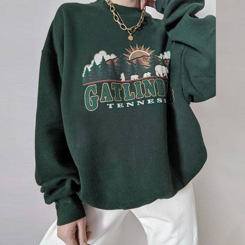 American Retro Dark Green Cotton Round Neck Sweater for Women