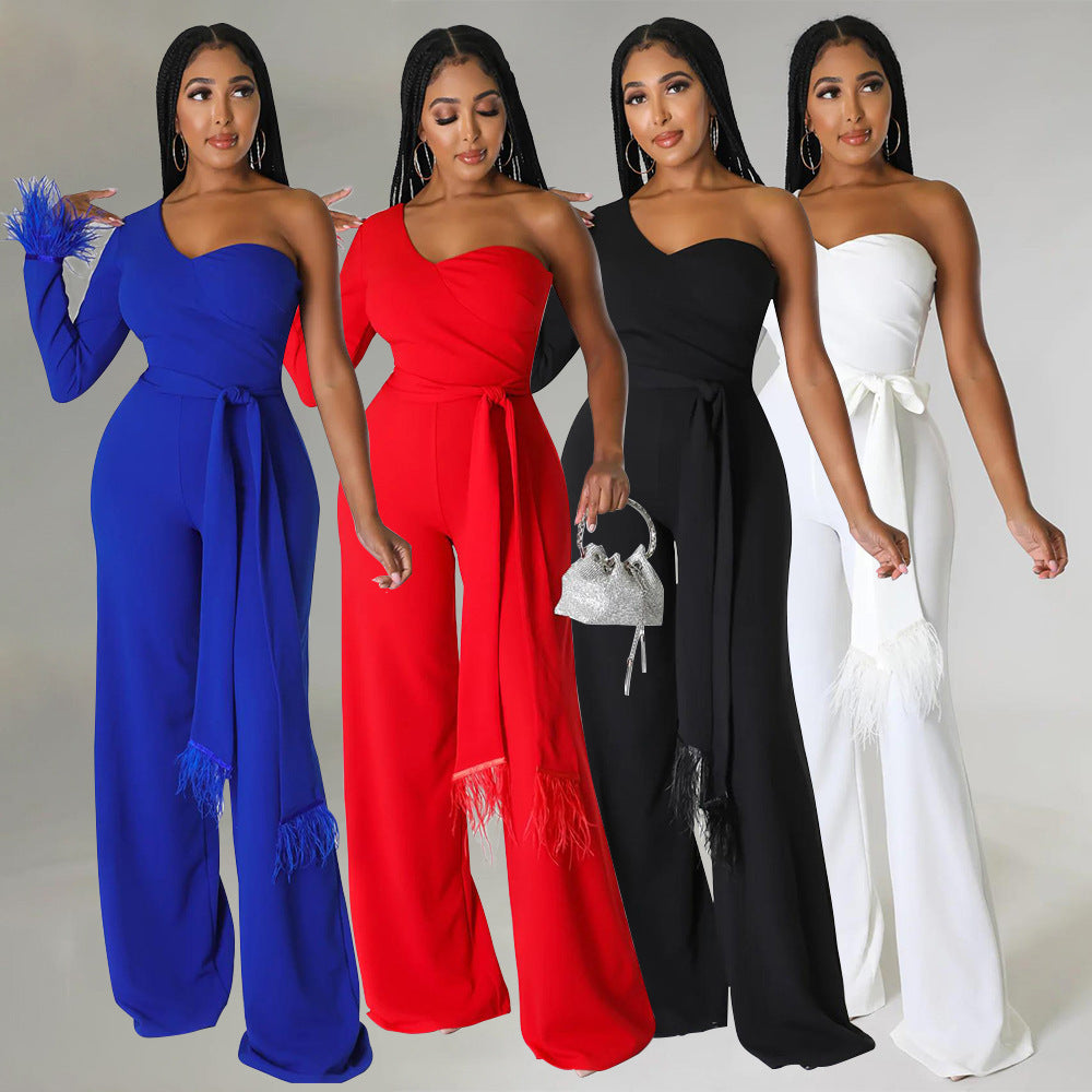 Wide-Leg Tassel Jumpsuit with One-Shoulder Design