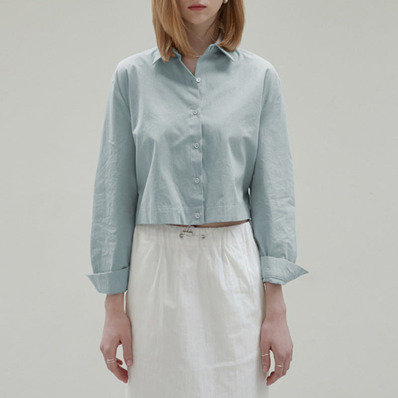 Cotton Hem Elastic Waist Slimming Solid Color Long Sleeve Shirt