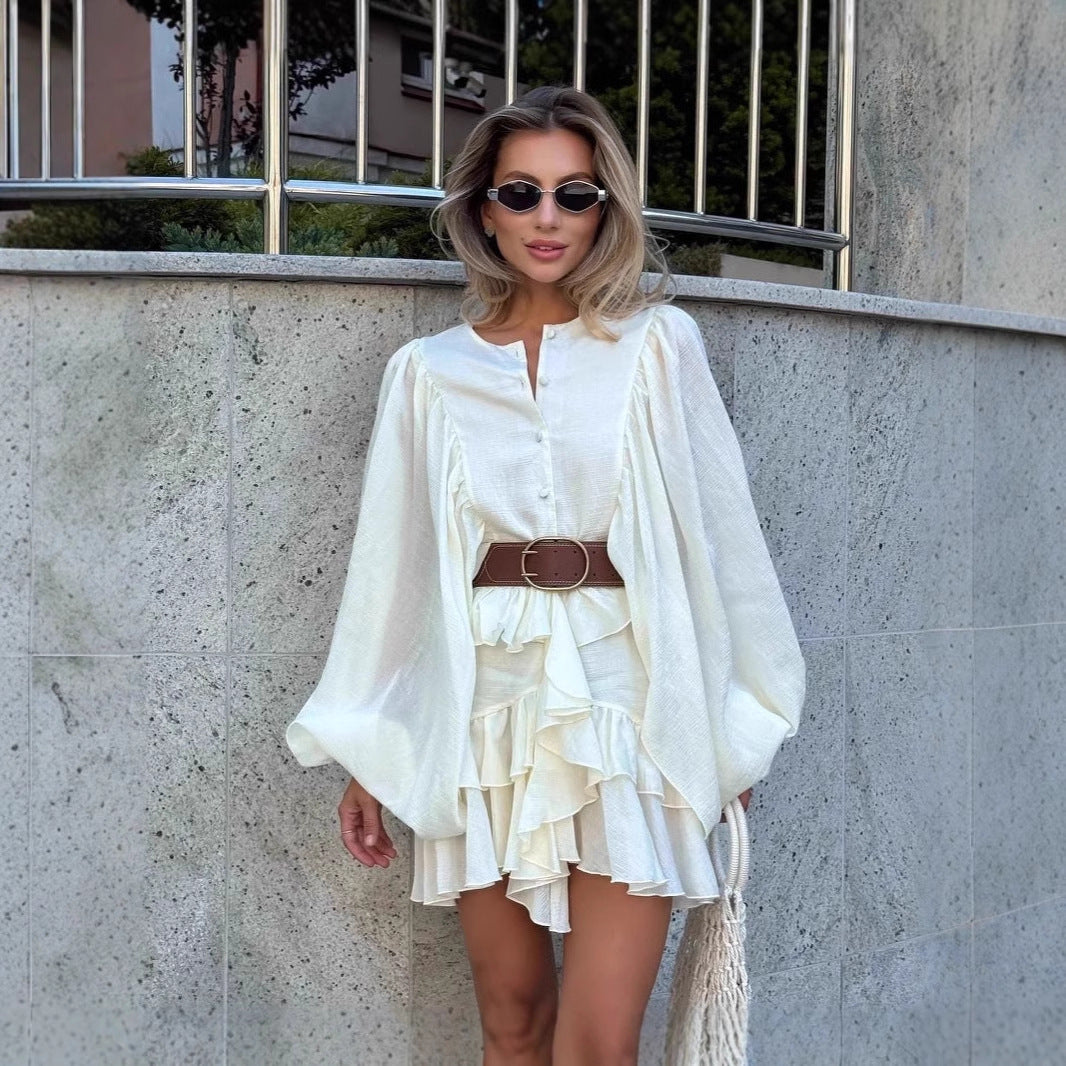 Simple Casual Style Solid Color Cascading Ruffles Lantern Long Sleeve Dress Women