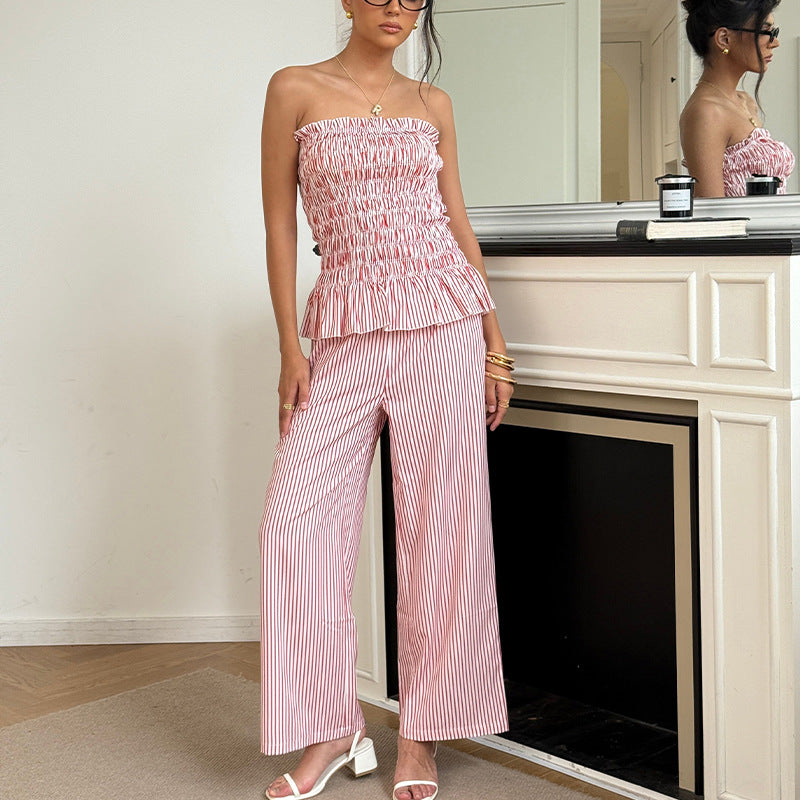 Ensemble femme sans bretelles rayé et pantalon droit en polyester