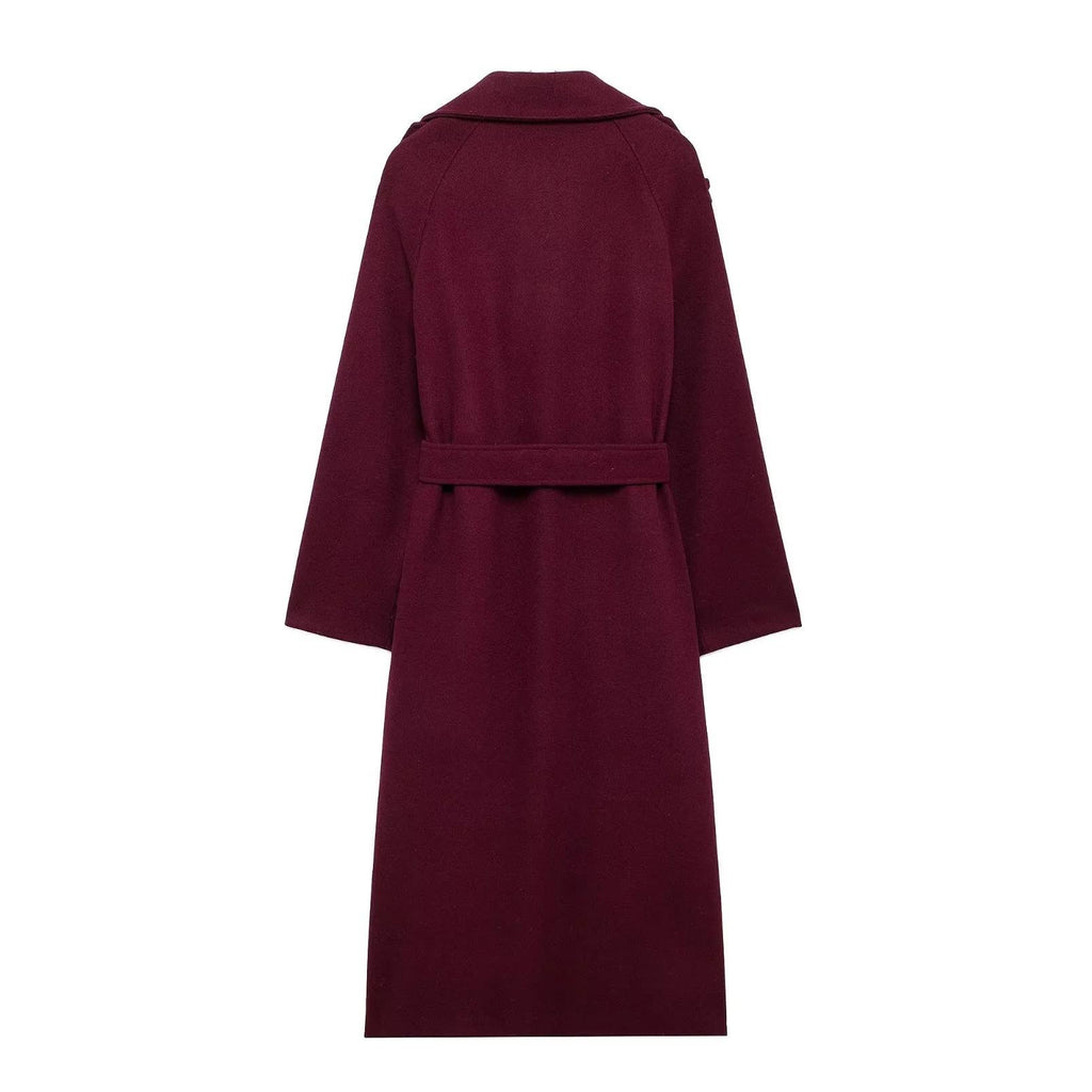 Woolen Lapel Belted Double-Breasted Trench Coat for Women Winter Jacket