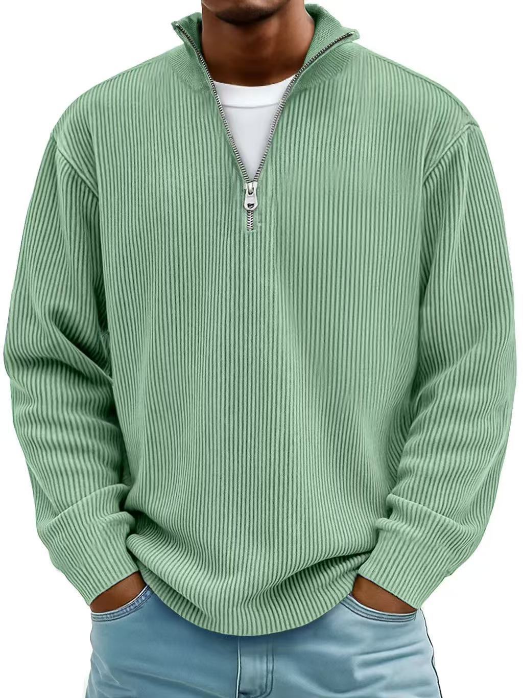 Casual Ribbed Stand Collar Corduroy Zipper Long Sleeve Pullover