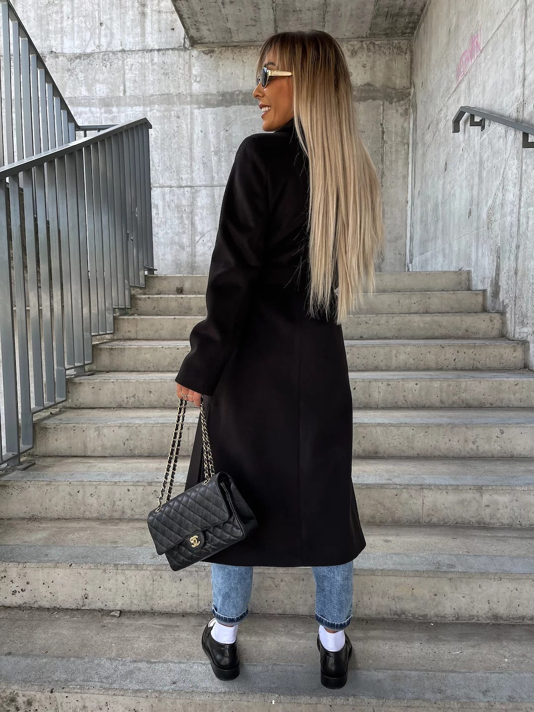 Double-Breasted Lapel Belted Long Sleeve Winter Jacket for Women