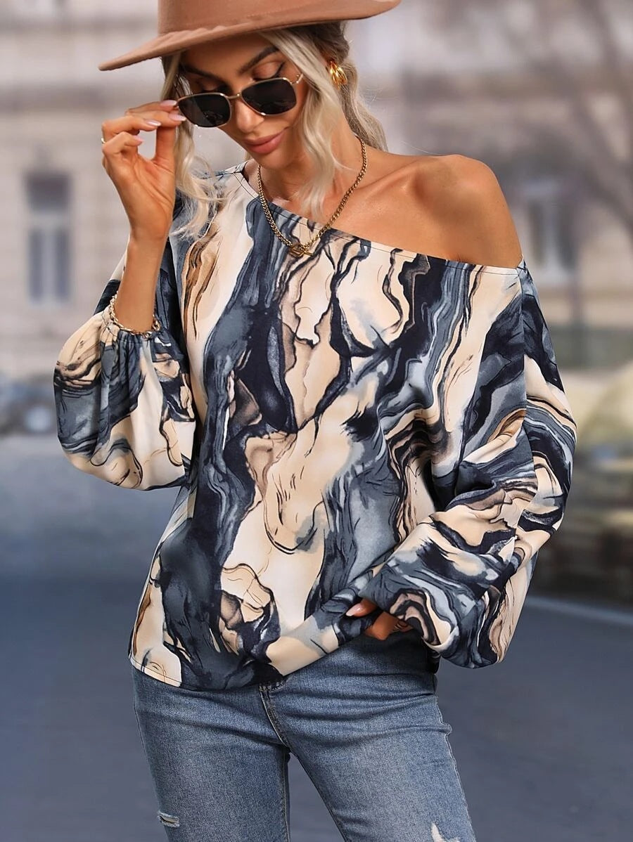 Summer Painted Off-shoulder Bishop Sleeves Top