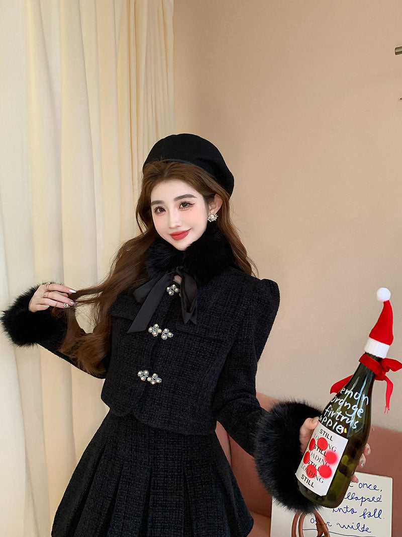 Ensemble tailleur jupe plissée taille haute et haut sans manches à col amovible en fourrure pour femme
