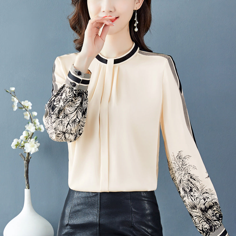 Women's Apricot Printed Mulberry Silk Satin Long Sleeve Shirt Slimming Spring Top