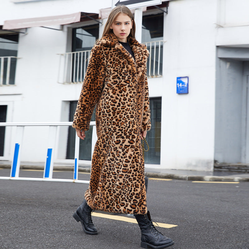 Faux Fur Leopard Print Rabbit Fur Long Suit Collar Coat