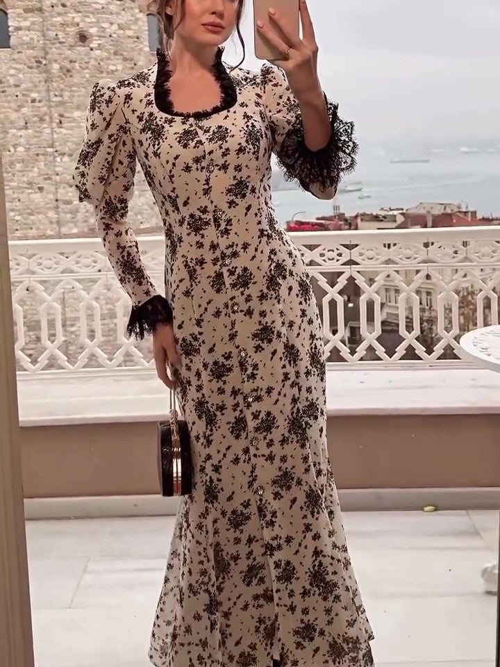 Elegant Print Lace Button Dress