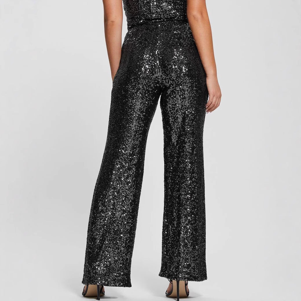 Women's Black Sleeveless Slim-Fit High Waist Belt Skirt with One-Shoulder Sequins